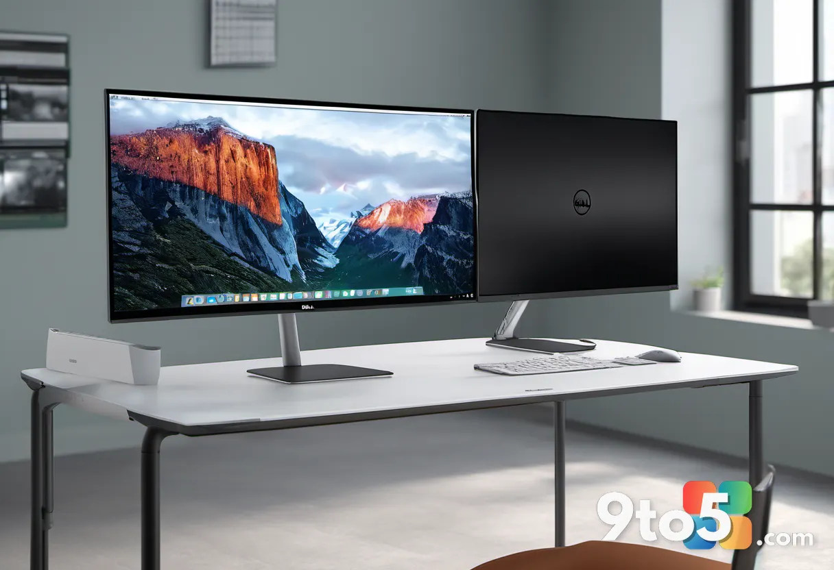 Dell UltraSharp monitor connected via Thunderbolt cable, desk with laptop and peripherals, professional setting.