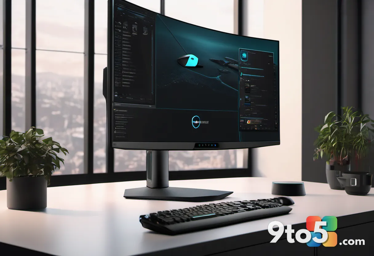 Alienware curved gaming monitor displaying fast-paced game scene, dark room, RGB accents.