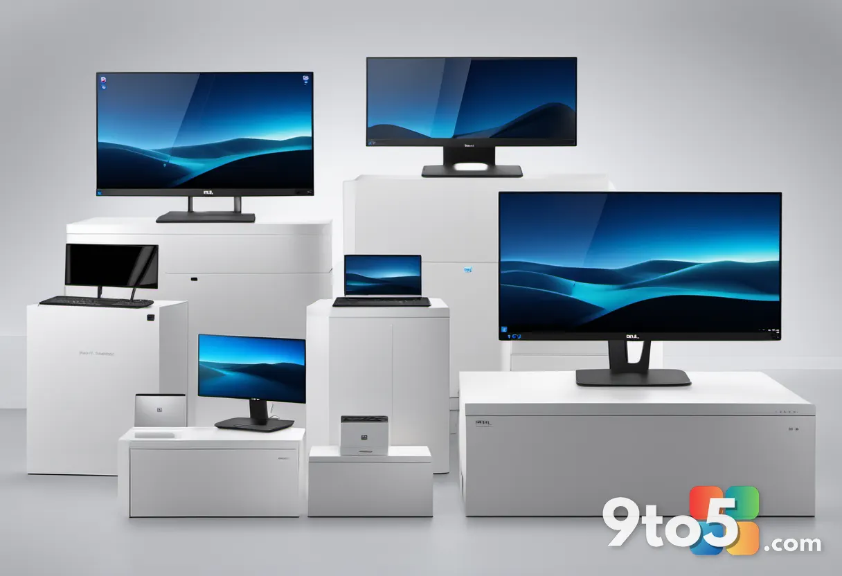 Collection of Dell monitor boxes and deals signage, retail environment, bright lighting.