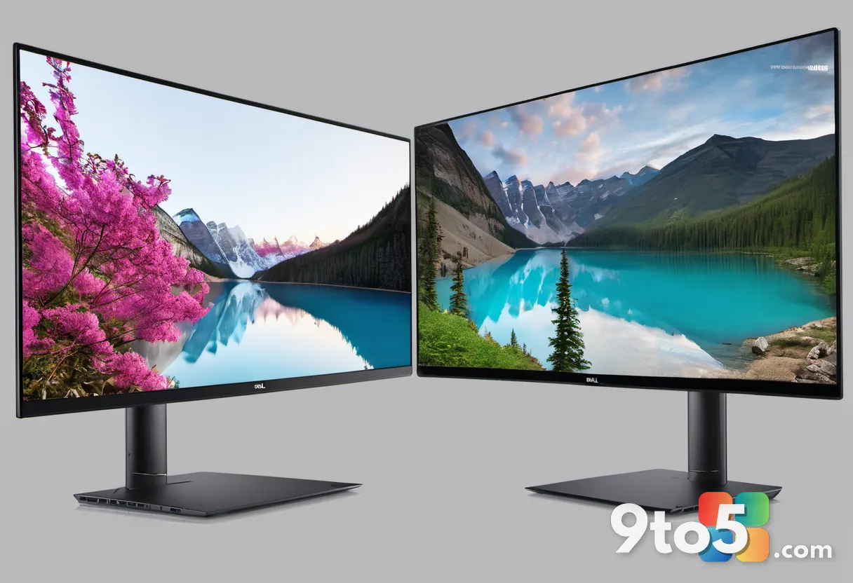 A side-by-side comparison of the Dell XPS 13 and Acer Swift Air 14 displays showing a vibrant landscape wallpaper, highl