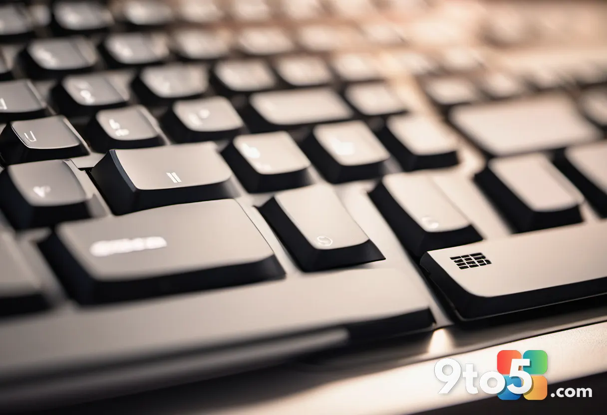 Close-up of a modern keyboard with a single vintage floppy disk resting on the keys, warm ambient lighting, shallow dept