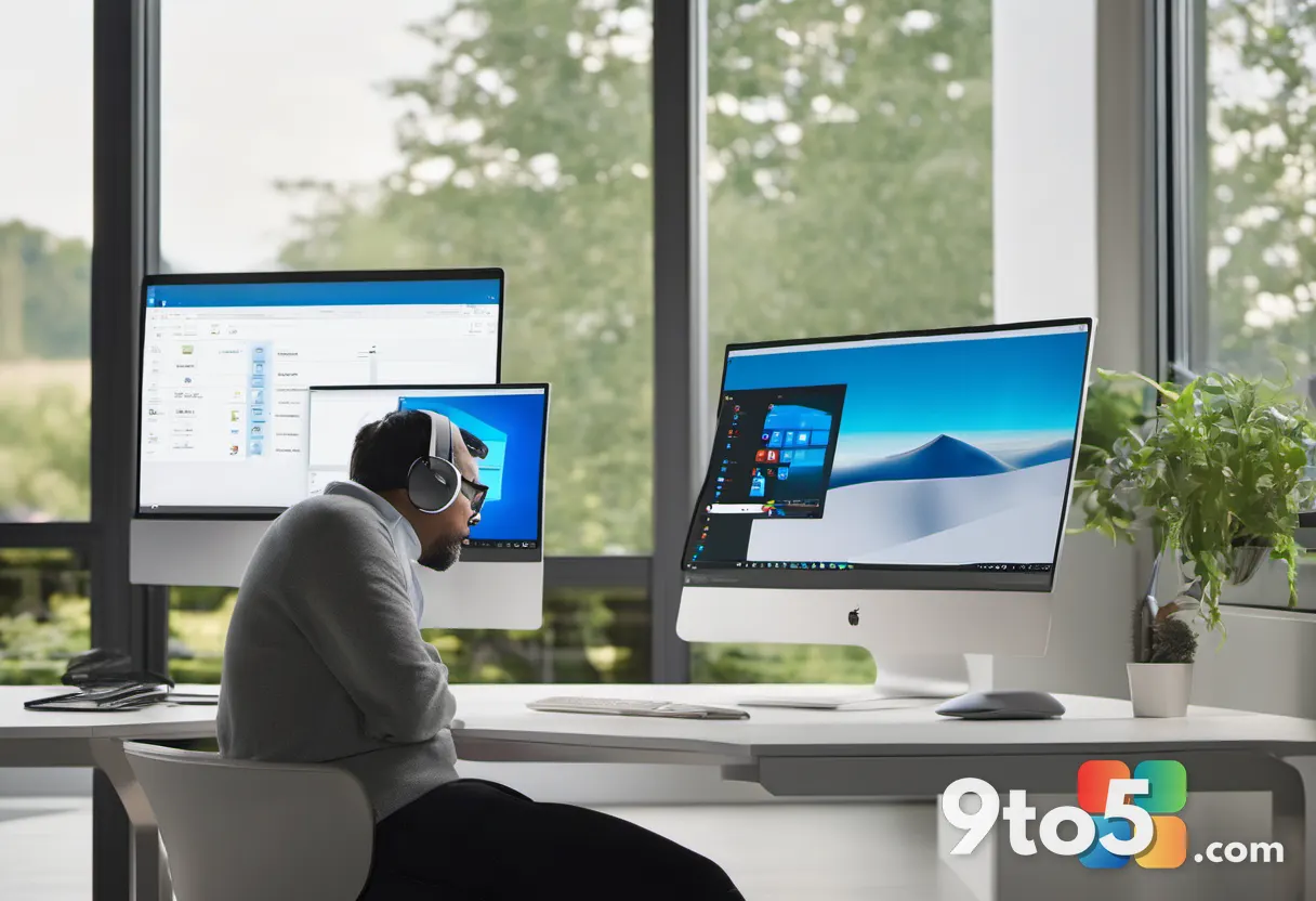 A user sitting at a modern desk with a Windows interface on screen, highlighting privacy options, in a calm and focused 