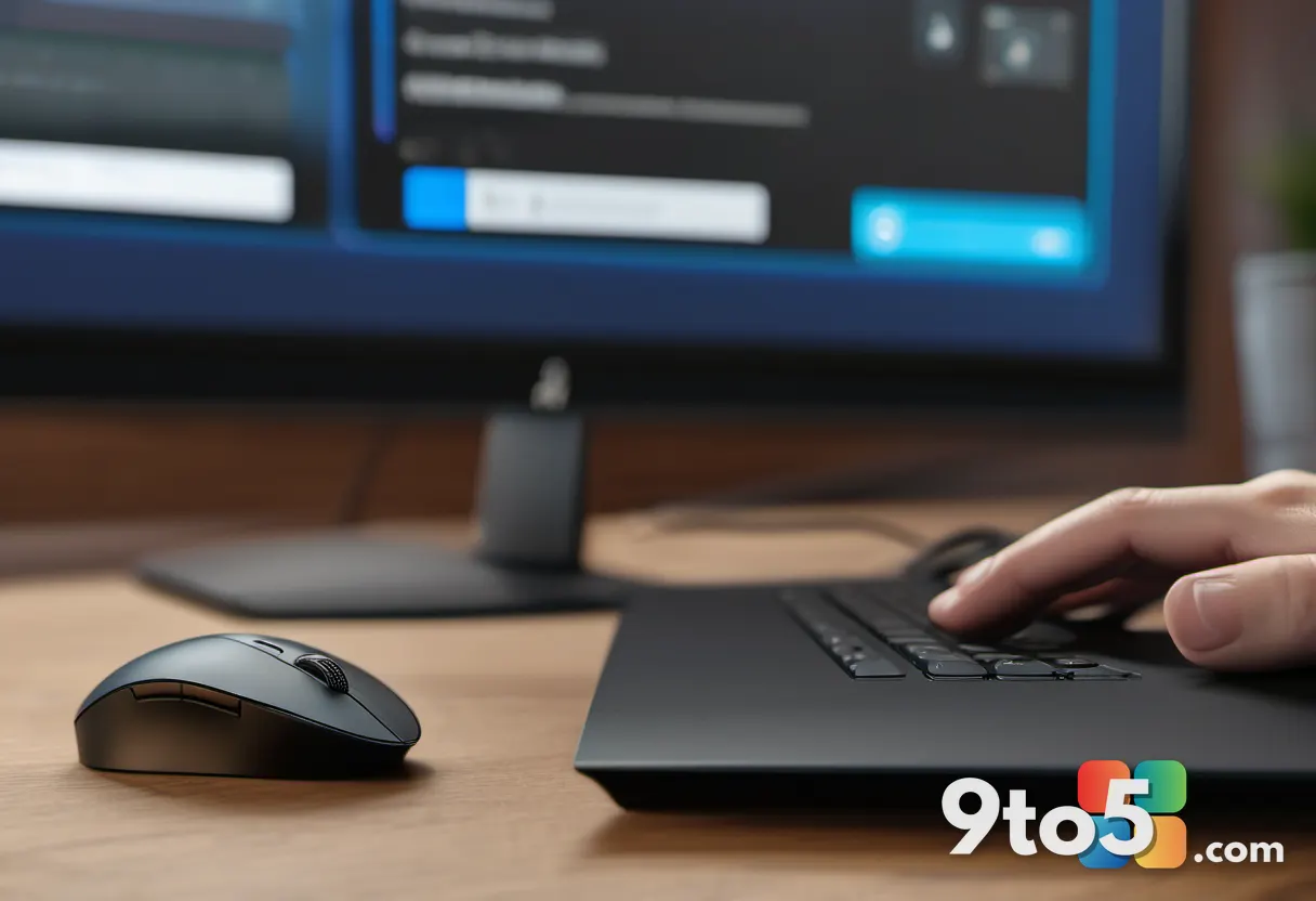 A hand using a wireless mouse on a wooden desk, with a blurred monitor in the background displaying system settings and 