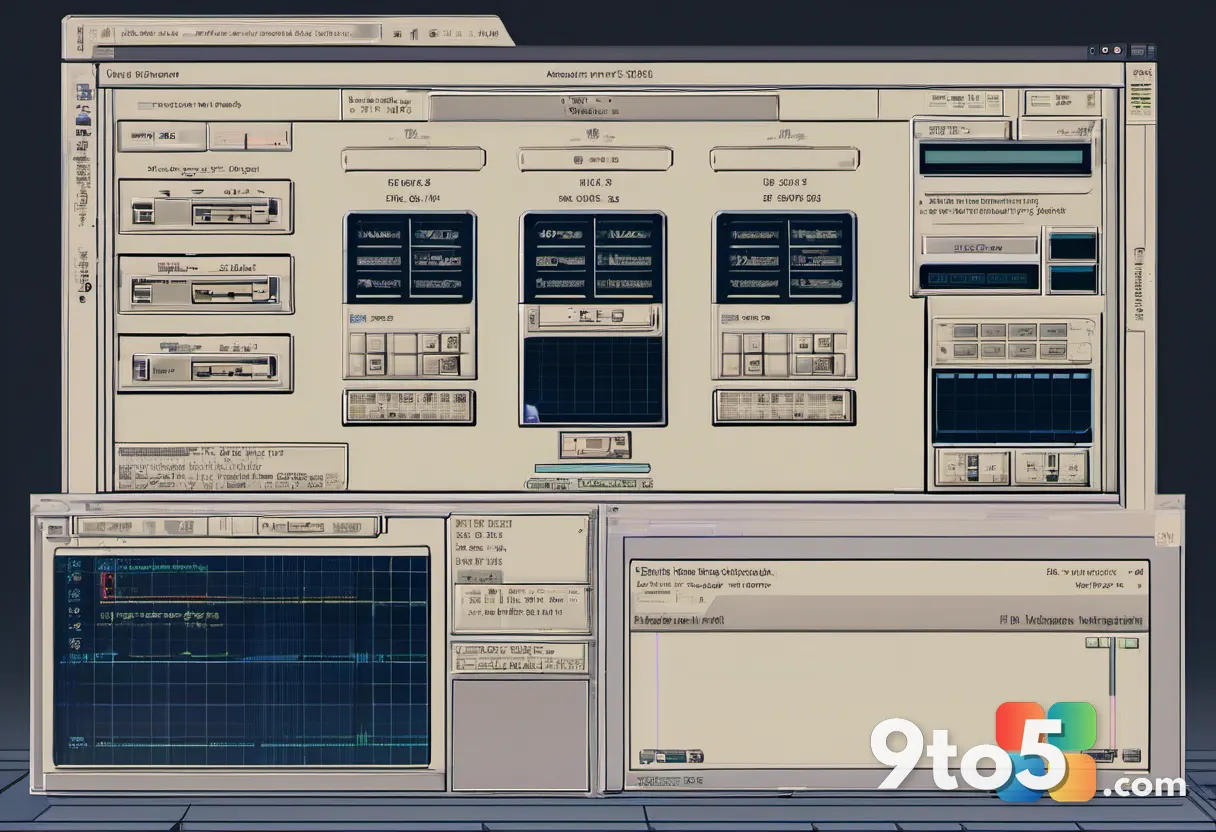 A retro-futuristic depiction of a Windows 95-style window displaying a DOOM level, with a modern Windows 11 taskbar visi