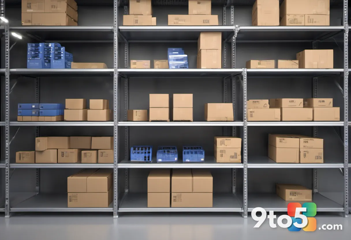 A warehouse shelf with empty slots and a digital 'Out of Stock' sign, representing hardware shortages, dim lighting with