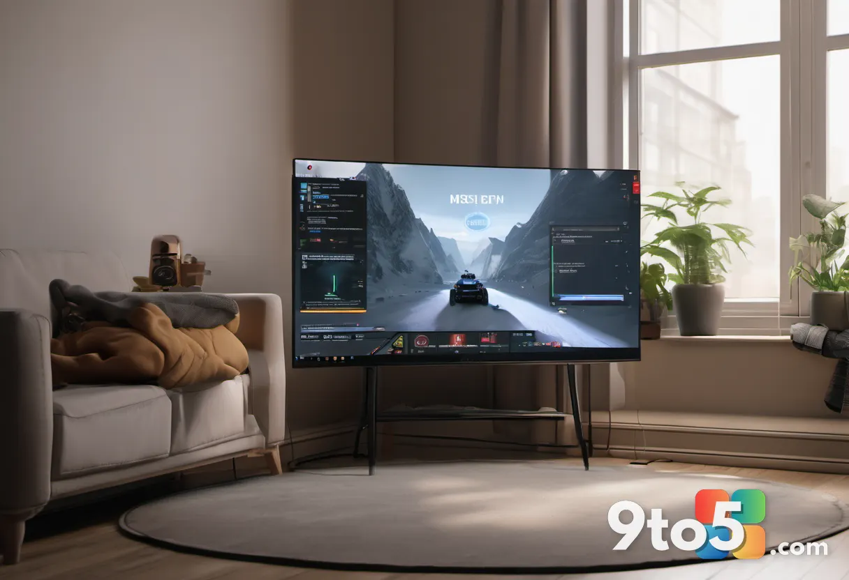 A person holding the MSI Claw 8 EX AI+ in a living room, playing a game on a TV in the background, warm indoor lighting,
