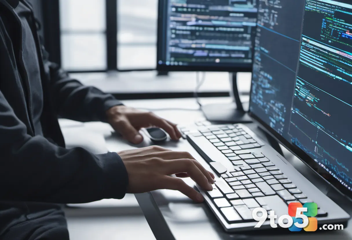 A close-up of a developer's hands typing on a keyboard, with a dual monitor showing lines of code and a browser extensio