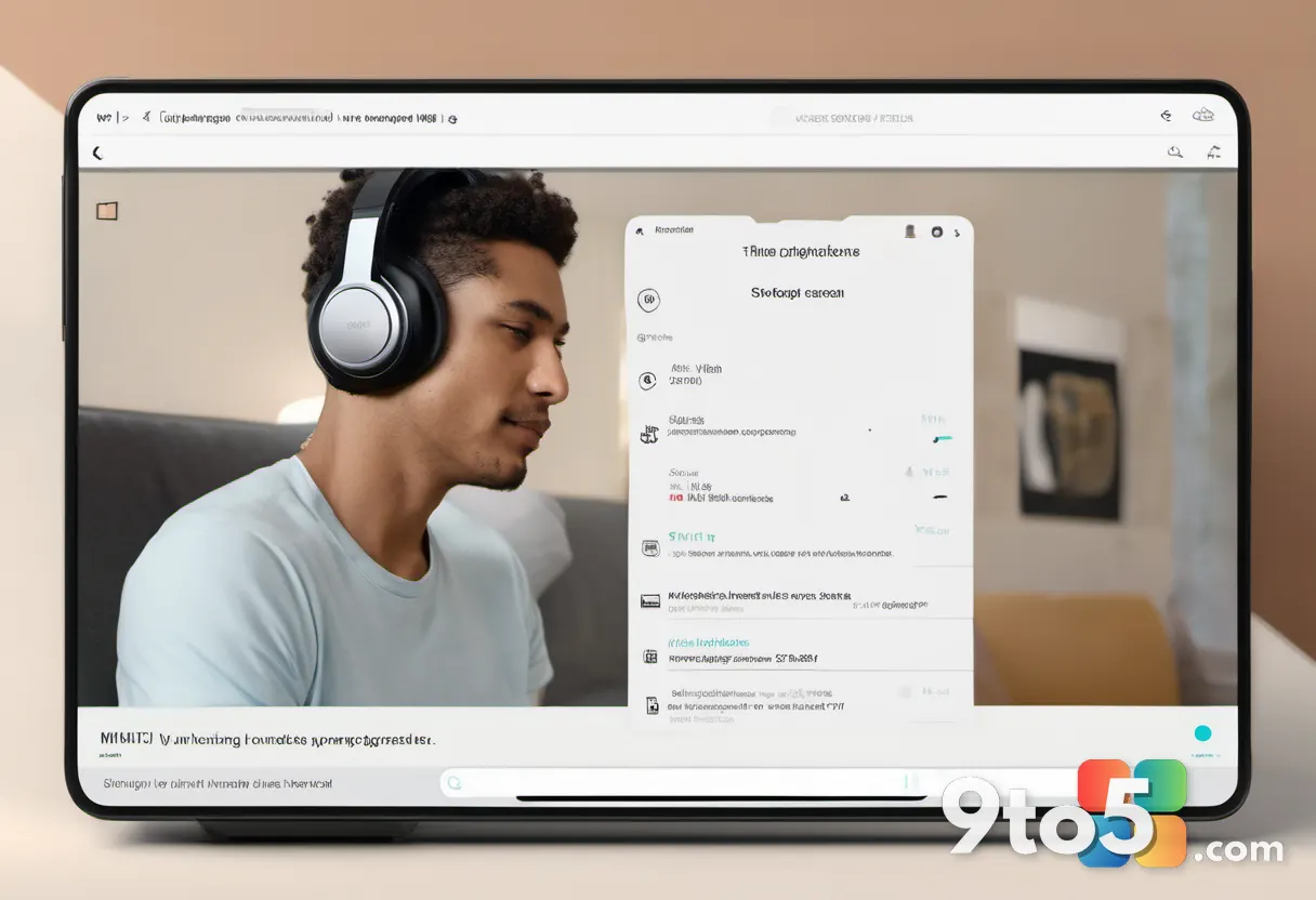 A close-up photograph of a person wearing over-ear headphones, looking relaxed while reading a document on a tablet. Sof