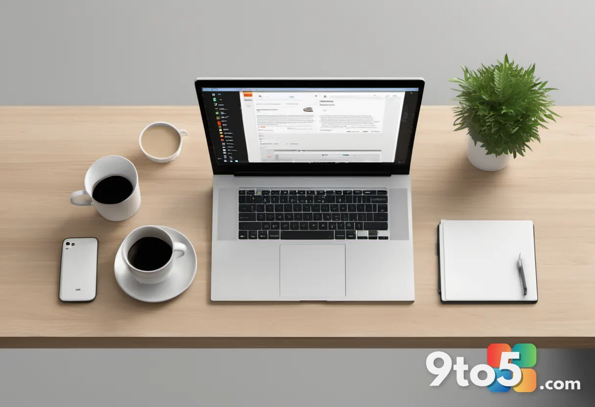 A top-down view of a wooden desk with a laptop displaying a web browser, a smartphone, and a coffee cup. The browser sho