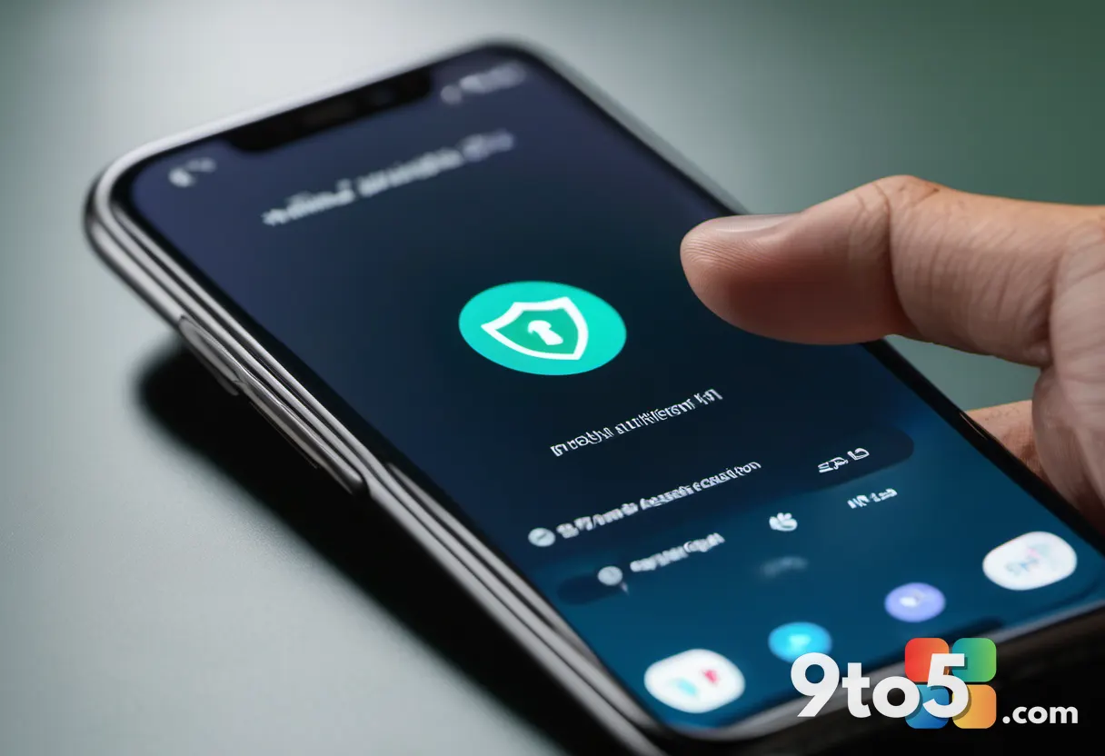 A close-up of a hand holding a smartphone displaying a passkey authentication screen, with a faint malware icon hovering