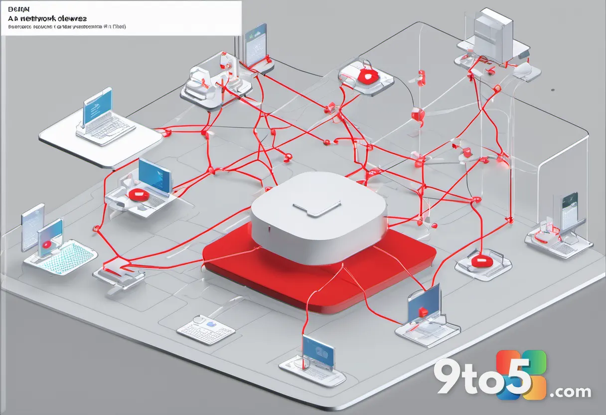 A network diagram showing interconnected devices with some nodes highlighted in red, symbolizing compromised endpoints i