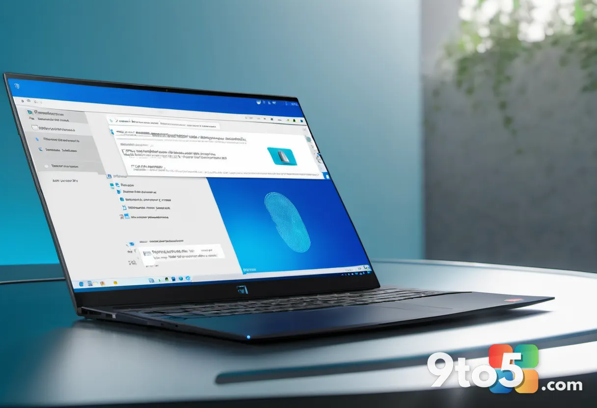 A close-up of a fingerprint scanner integrated into a laptop bezel, emitting a subtle blue authentication glow, clean co