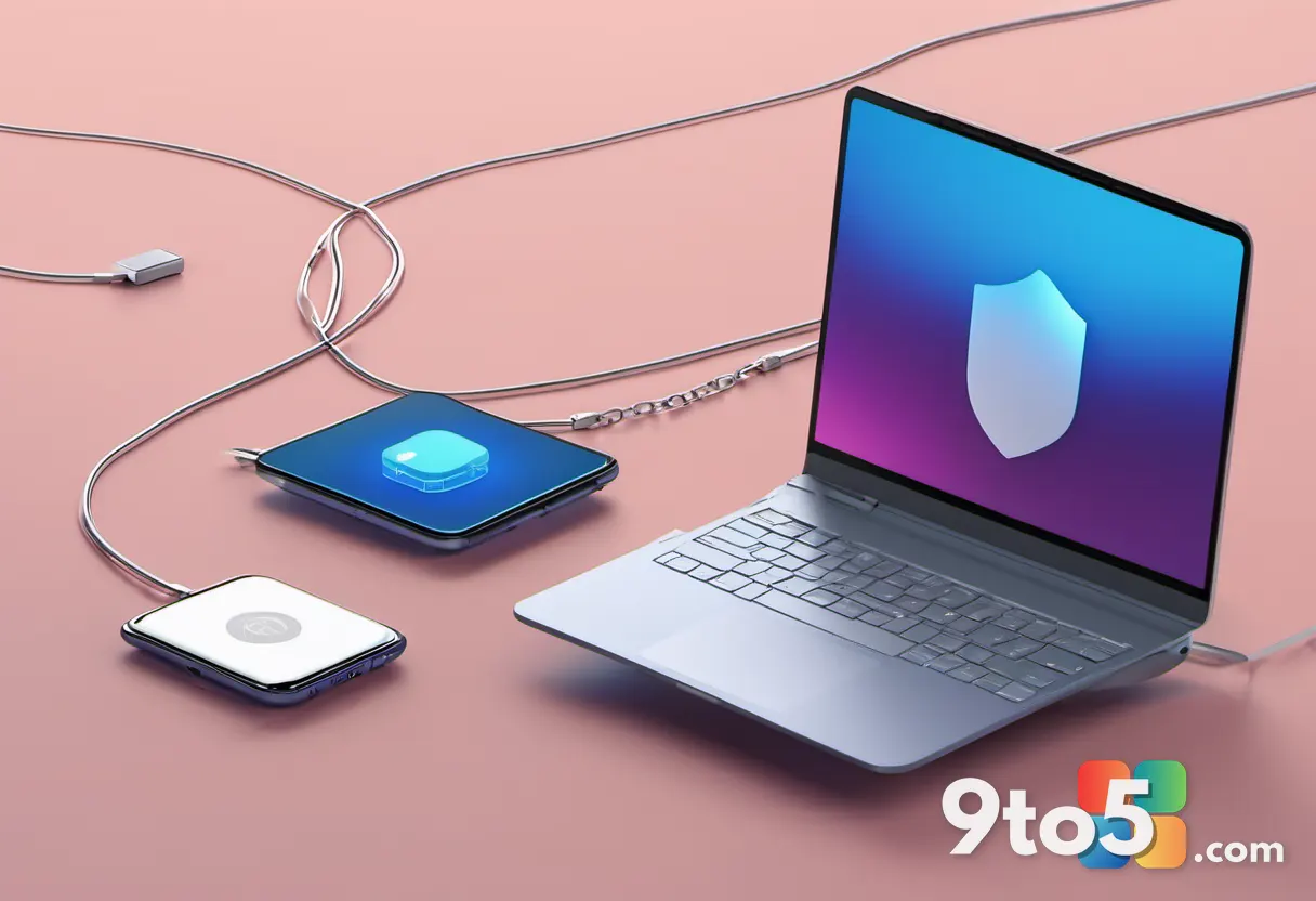 A minimalist illustration of a smartphone and laptop connected by a secure digital chain, representing passkey synchroni