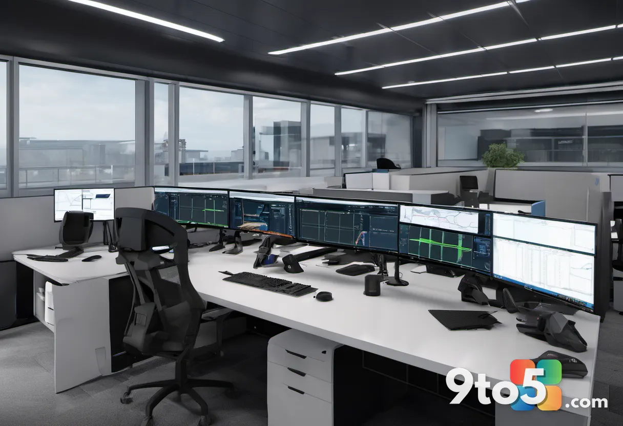 SCS Software developers working on Euro Truck Simulator 2 console port in a modern office, surrounded by multiple monito