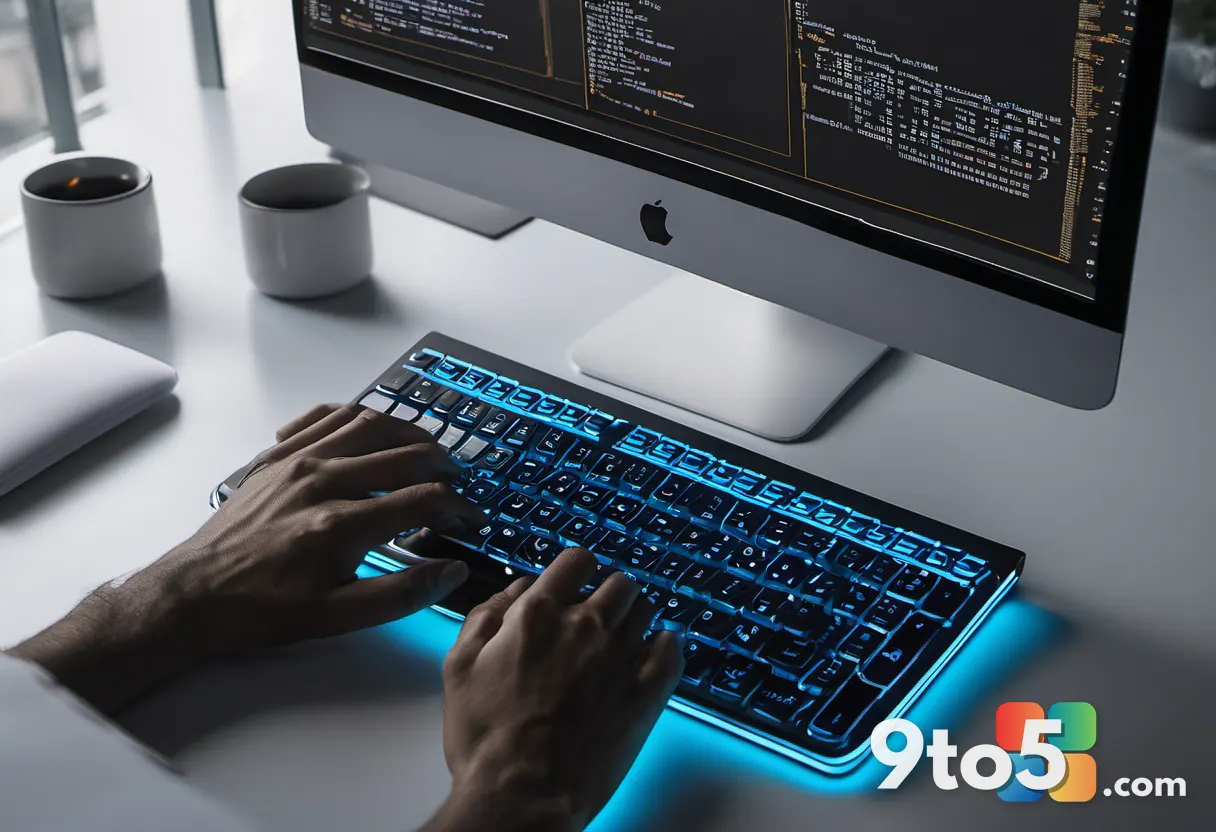 A close-up photograph of a developer's hands typing on a backlit Mac keyboard, with lines of code visible on the screen,