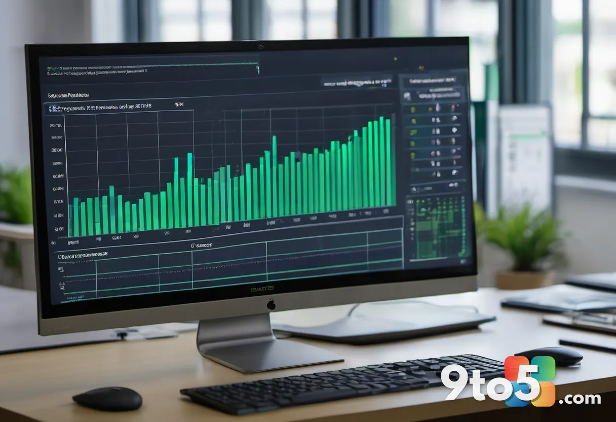 A close-up of an Excel chart being generated on a monitor, with colorful bar and line graphs rising from a data table, c