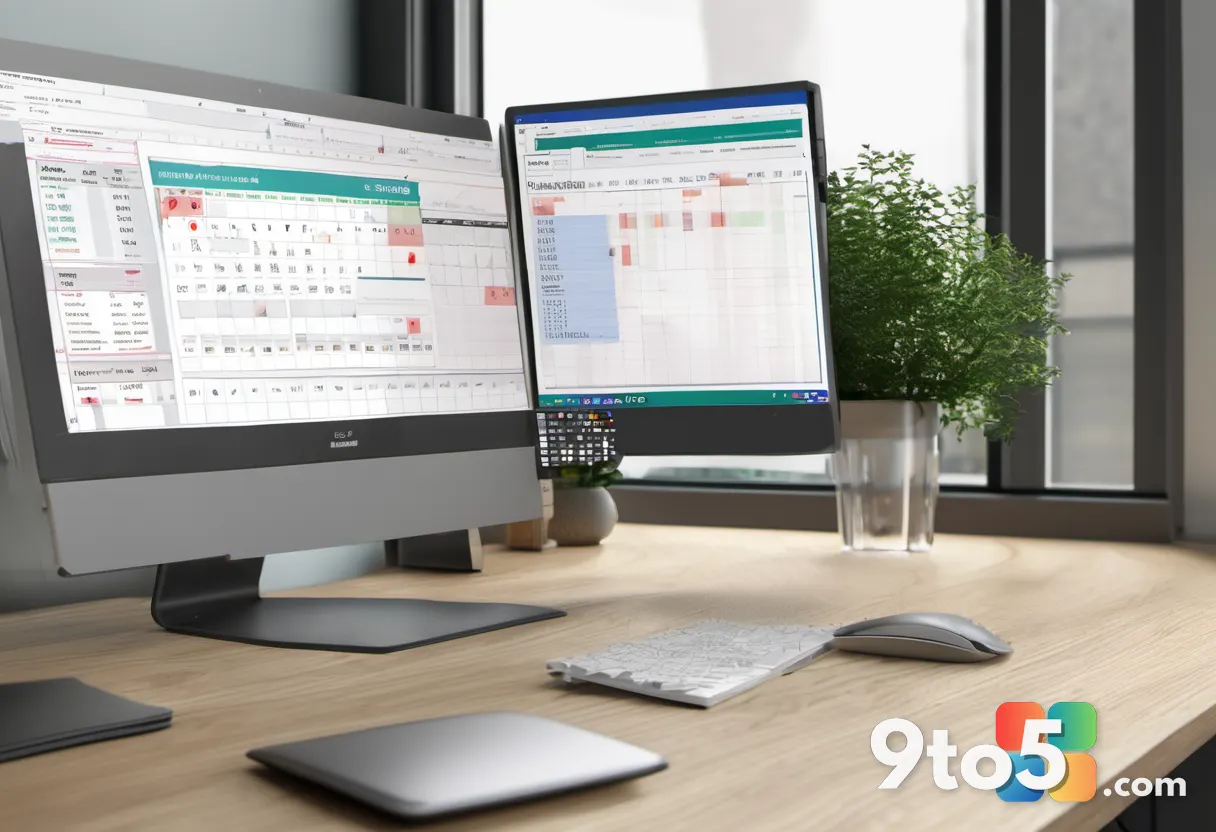 A desk calendar page showing April 2027 circled in red, next to a laptop displaying an Excel spreadsheet, warm morning l