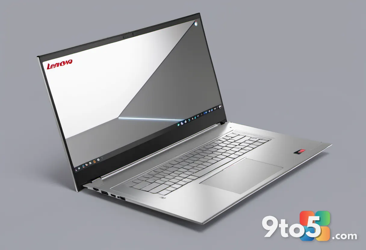 Rear view of a silver laptop showing dual-tone back cover with visible rail cutouts on both edges and a centered Lenovo 