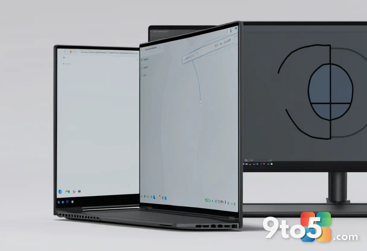 Split image showing a laptop in closed mode next to the same laptop with an extended screen, demonstrating the rollable 
