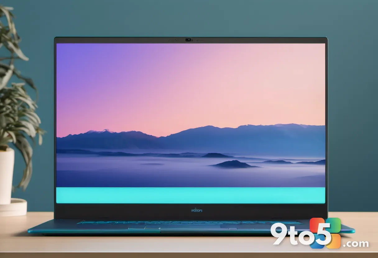 A business laptop viewed from the front on a clean desk, showing thin bezels and a centered webcam housing with a subtle