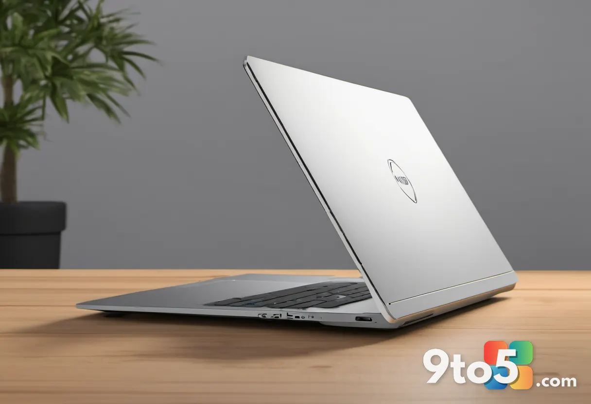 Rear view of a slim silver laptop on a wooden surface, showcasing a centered logo and a raised pill-shaped camera bump w
