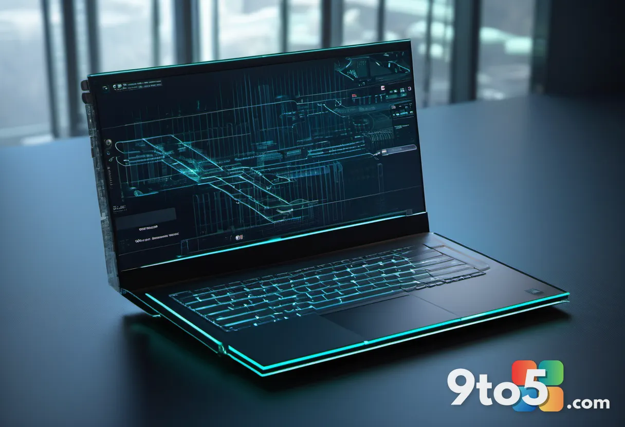 A futuristic laptop partially open on a dark surface, with glowing circuit patterns subtly visible through a translucent