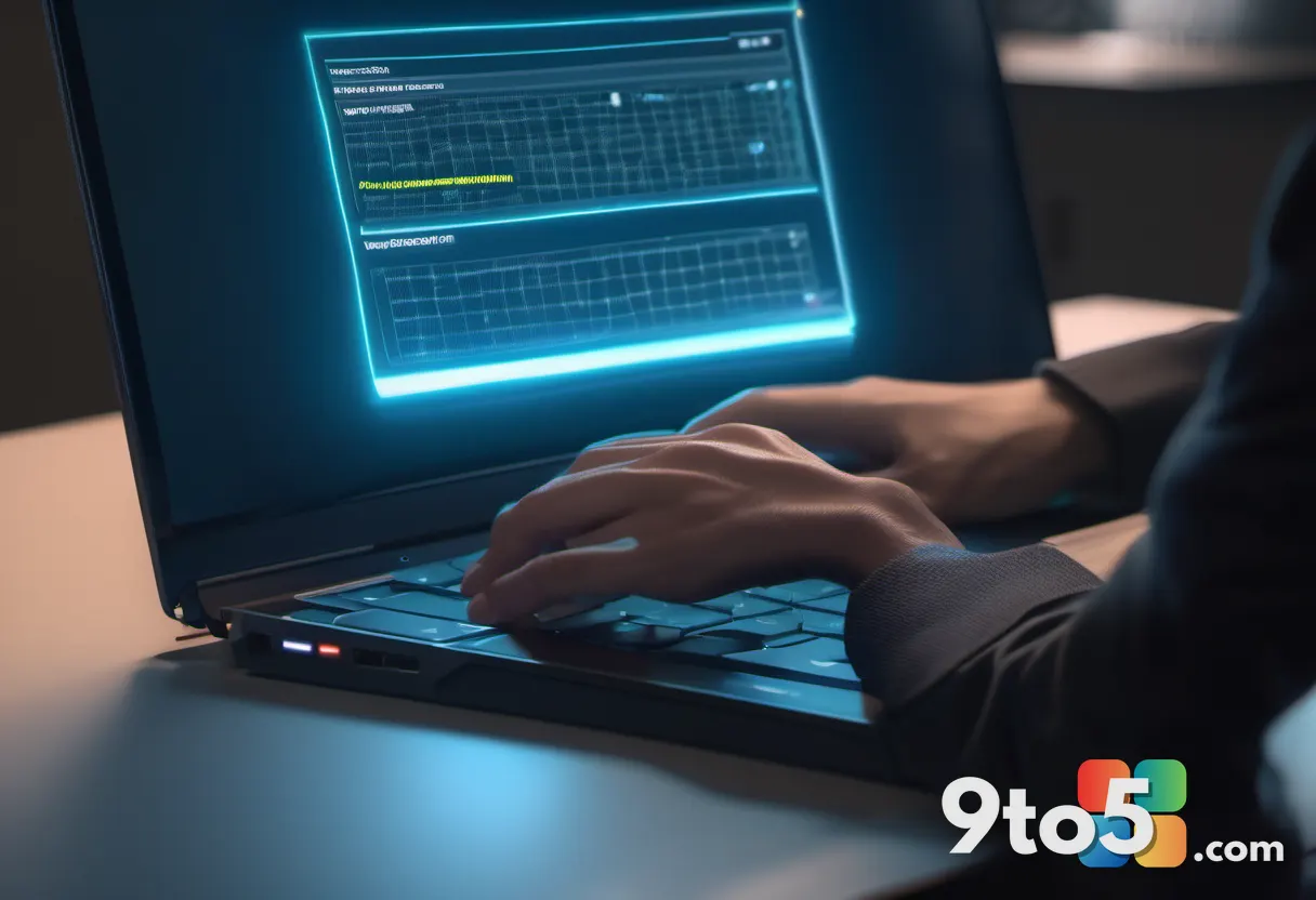 A close-up of a hand typing a password on a laptop keyboard, with a secure lock icon glowing on the screen, in a dimly l