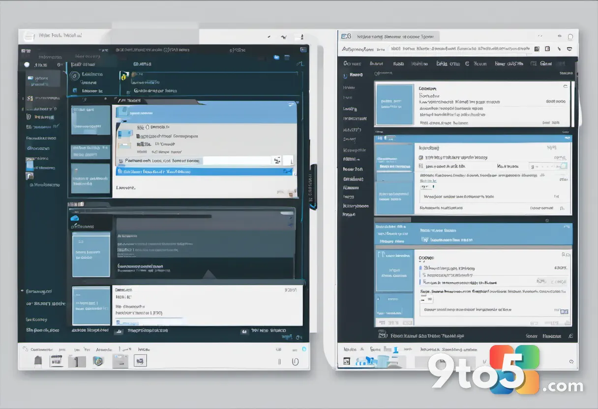Split-screen comparison of two overlapping application windows showing different context menu layouts, neutral gray and
