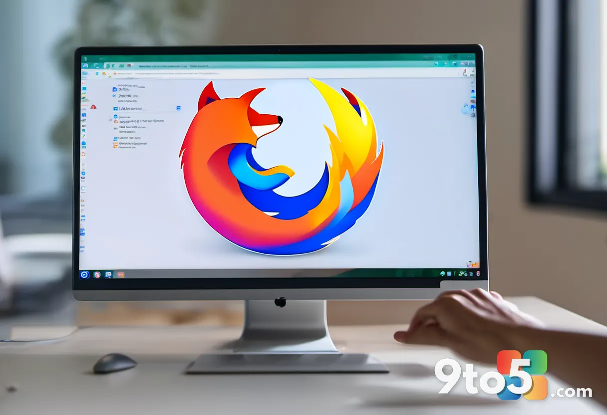 A close-up of a user's hand clicking a mouse button on a desk, with a blurred browser window in the background showing t