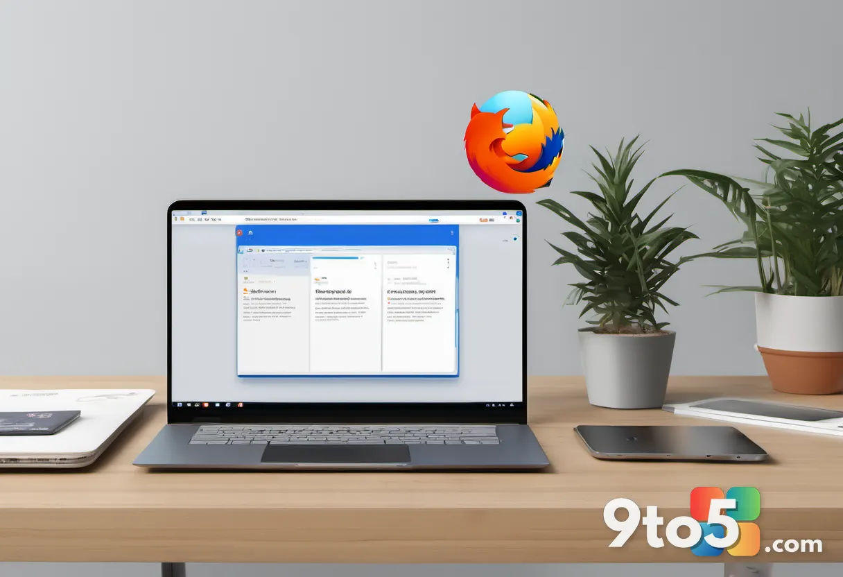 A modern desk setup with a laptop showing the Firefox browser homepage and a smartphone displaying the Brave browser app