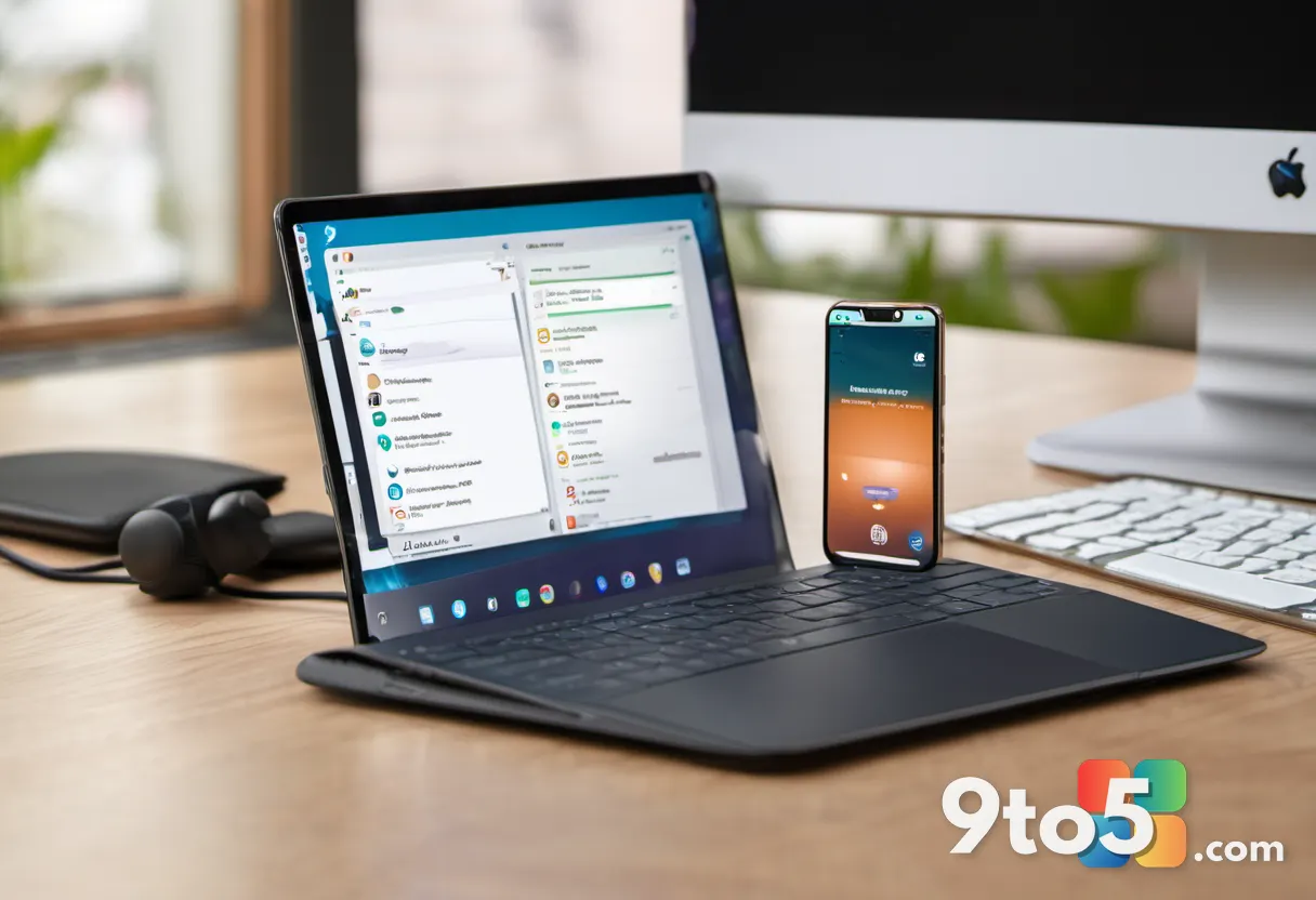 A close-up photograph of a hand holding a smartphone next to a desktop monitor, both showing different web browser icons
