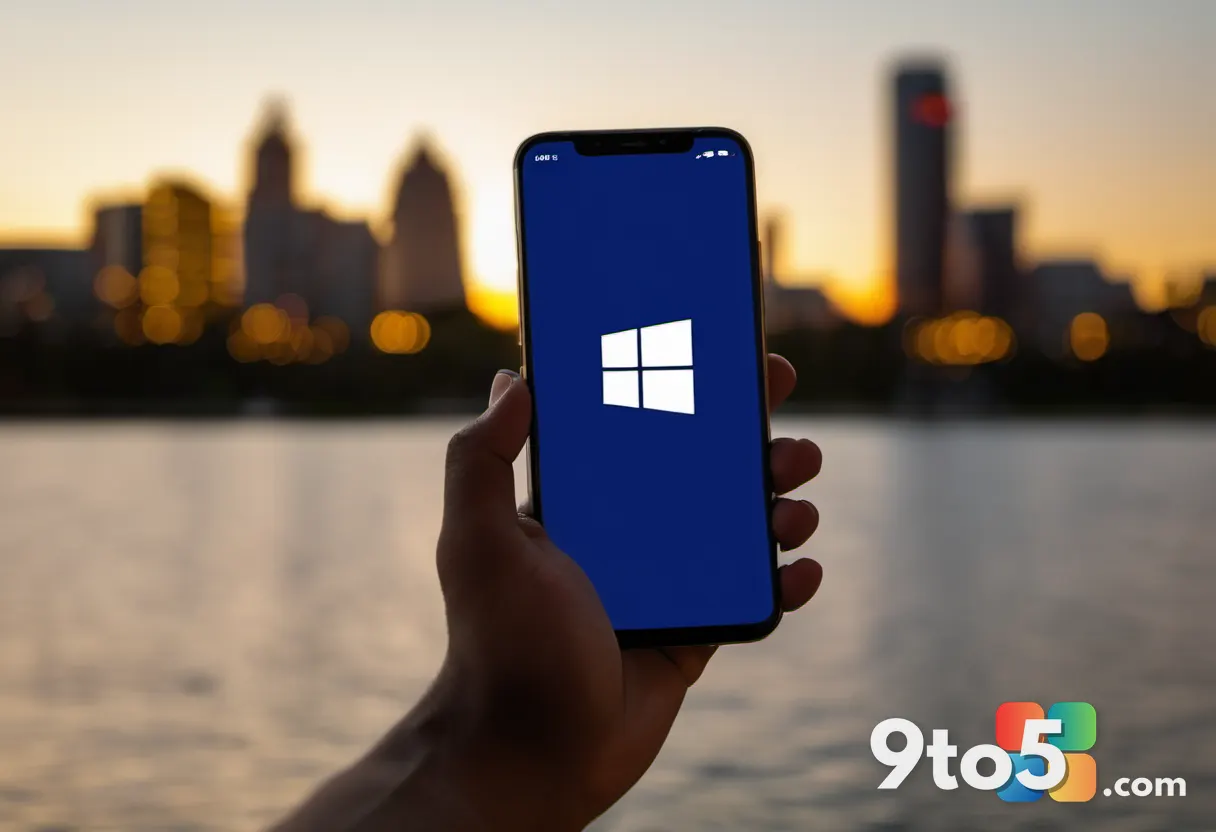 A close-up of a hand holding a smartphone displaying the Microsoft logo, with a blurred cityscape and soft golden hour l