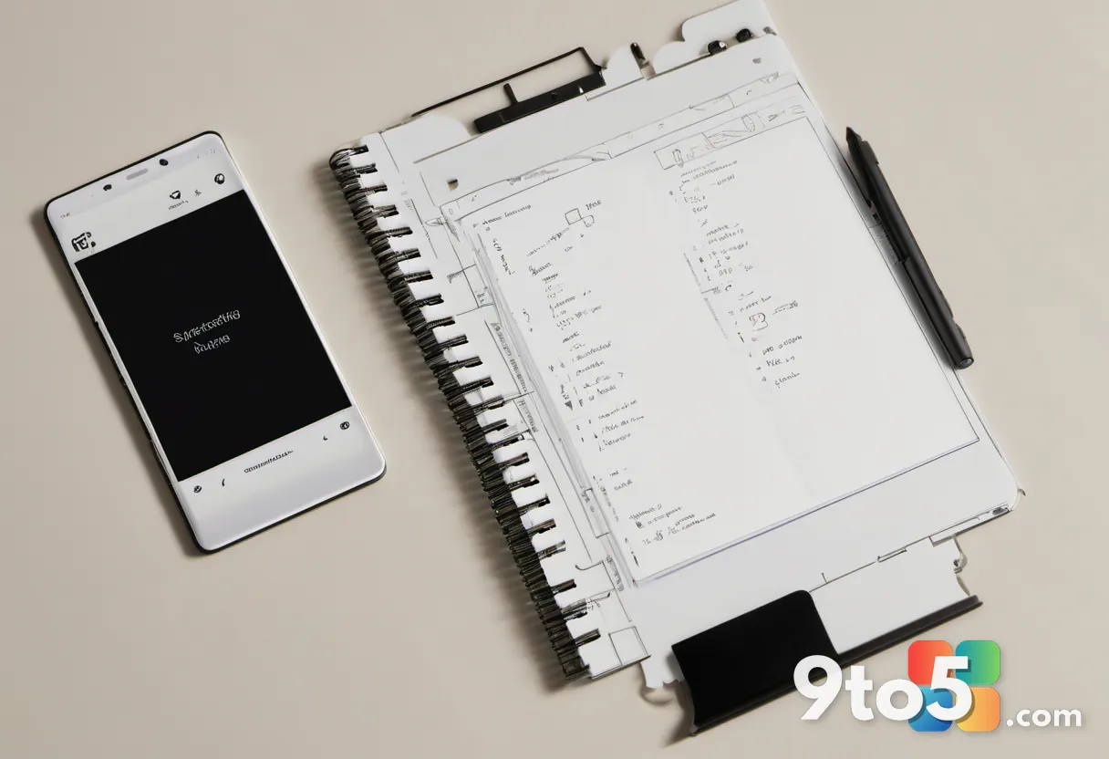 An overhead view of a clean notebook with handwritten notes, a stylus, and a small Microsoft Surface pen resting on the 