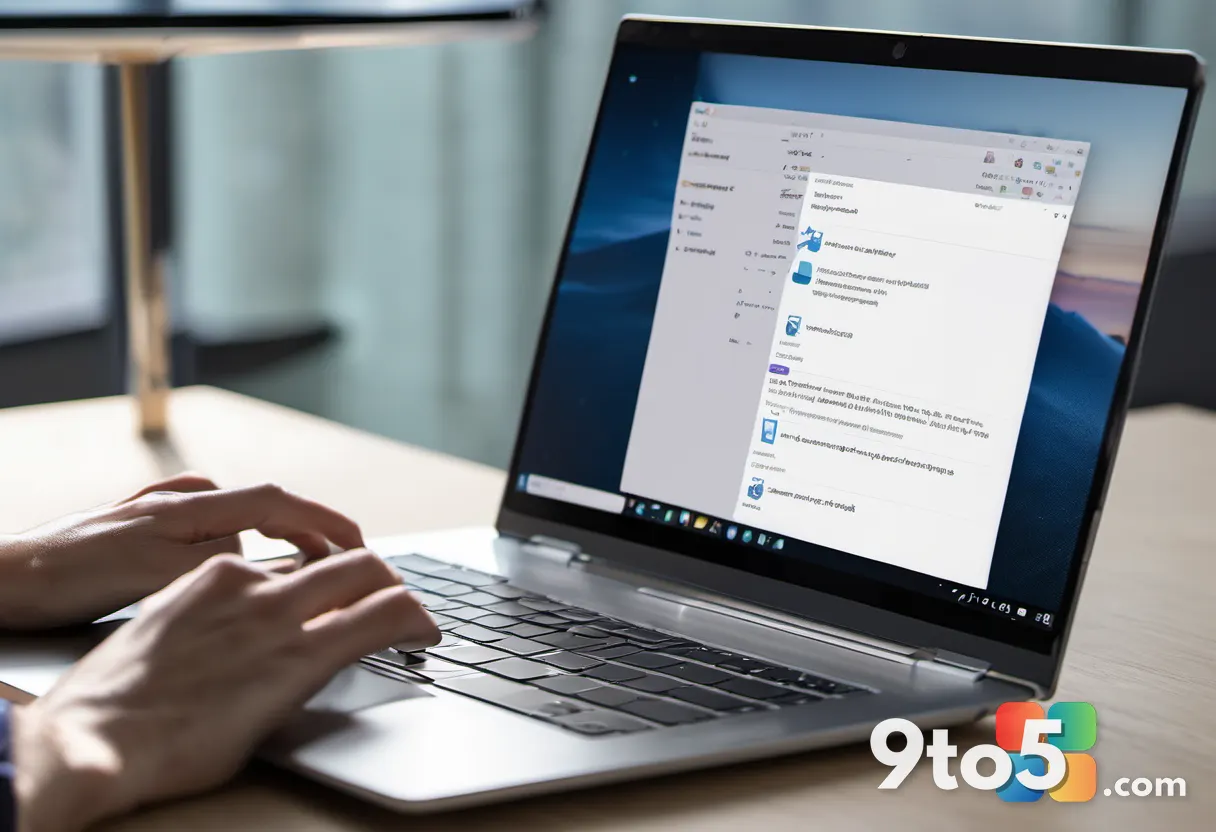 Close-up photo of a person's hands typing on a silver laptop keyboard, soft office lighting, shallow depth of field, no 