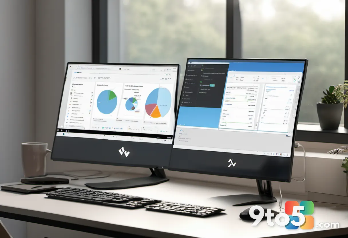 A clean desk setup showing a modern monitor displaying a settings interface, a coffee mug, and a notebook, shot from a s