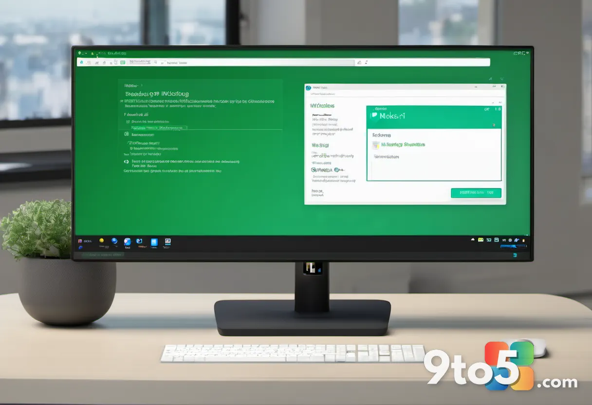 A desktop monitor showing the Windows Update settings page with a green checkmark indicating the device is up to date, c