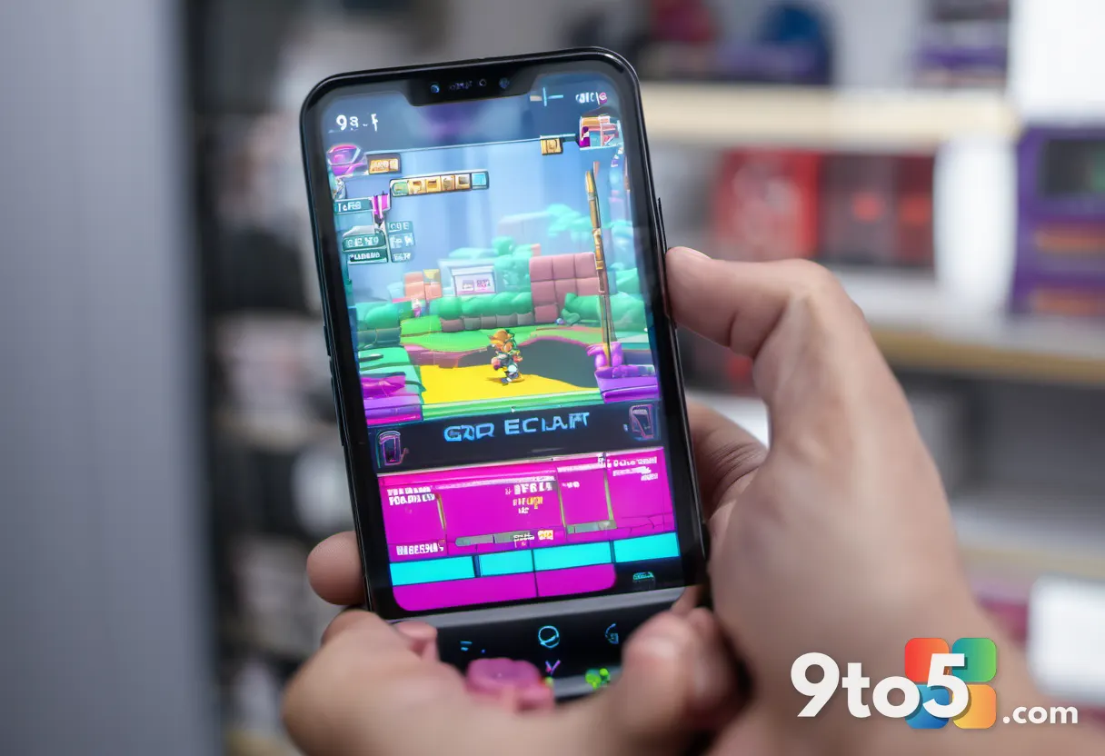 A close-up of a hand holding a modern gaming handheld with a bright screen showing a grid of colorful game box art, shal