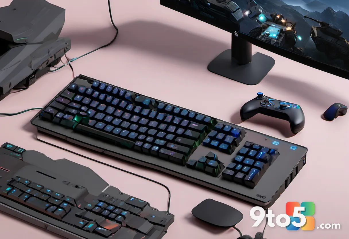 A close-up of a modern gaming keyboard with RGB backlighting, surrounded by scattered game case art featuring military s