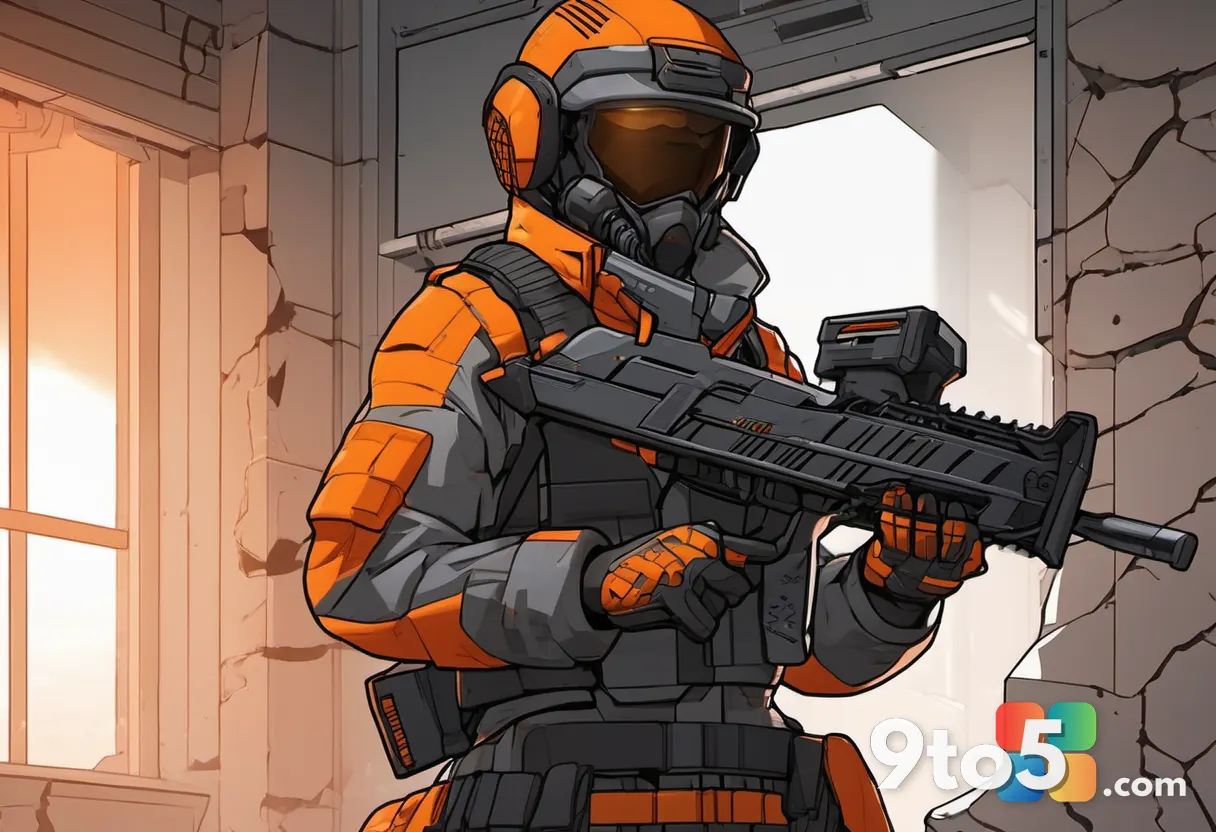 A stylized digital illustration of a futuristic soldier holding a large chainsaw bayonet, standing in front of a cracked