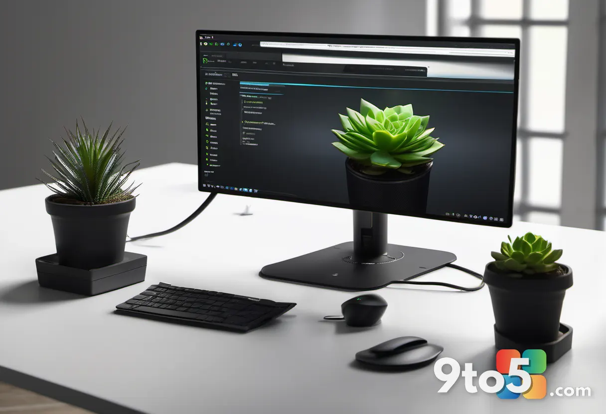 A sleek NVIDIA graphics card resting on a clean white desk next to a small potted succulent and a printed spec sheet, il