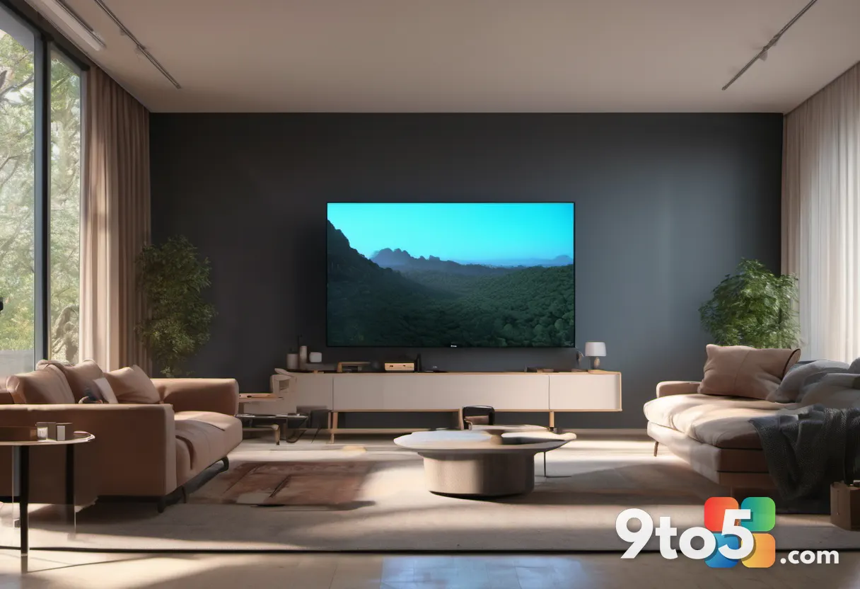 A wide shot of a modern living room with a large TV displaying a multiplayer lobby screen, a couch with two controllers,