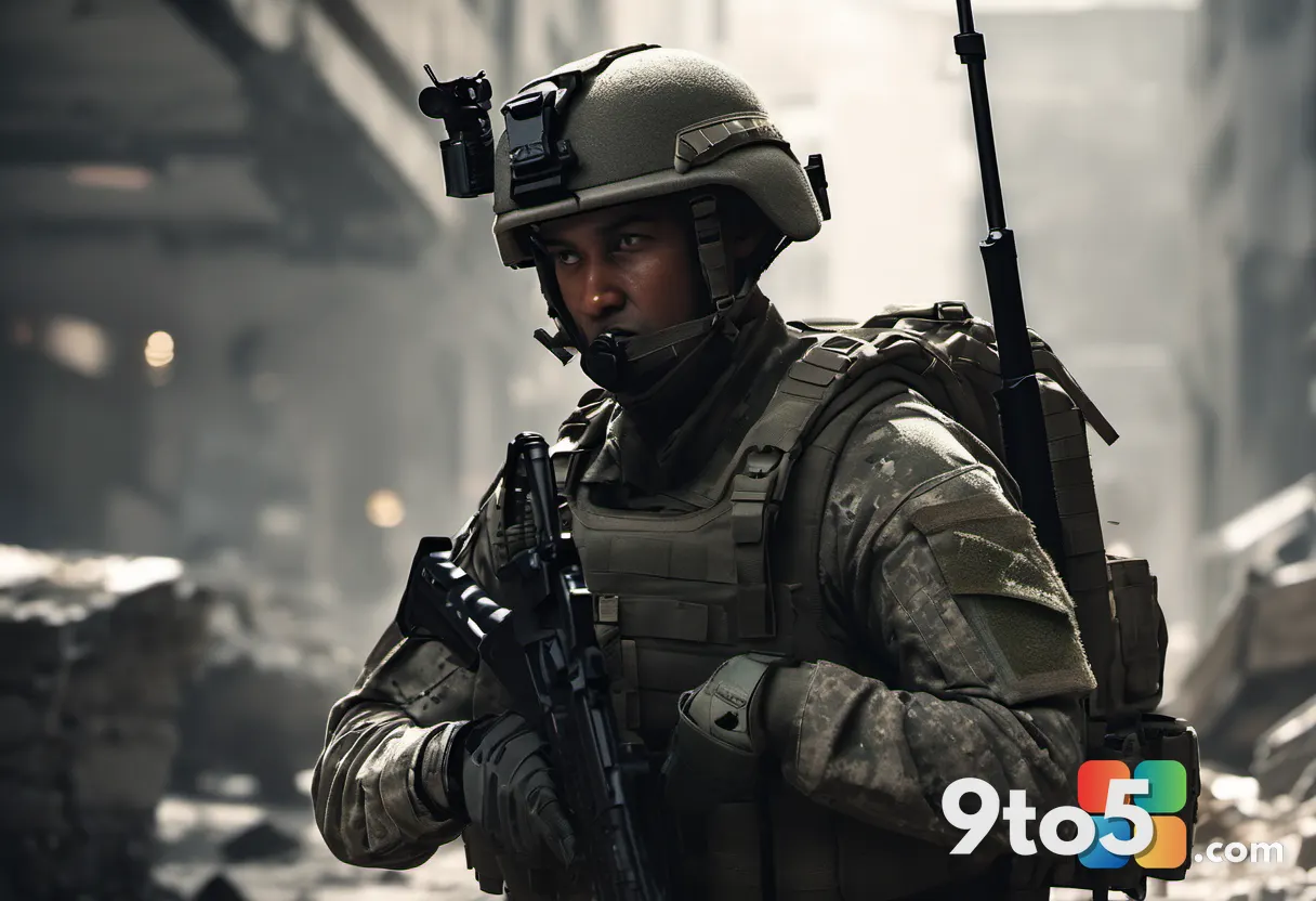 Close-up of a soldier taking cover behind a shattered concrete wall, debris flying through the air, muzzle flash lightin