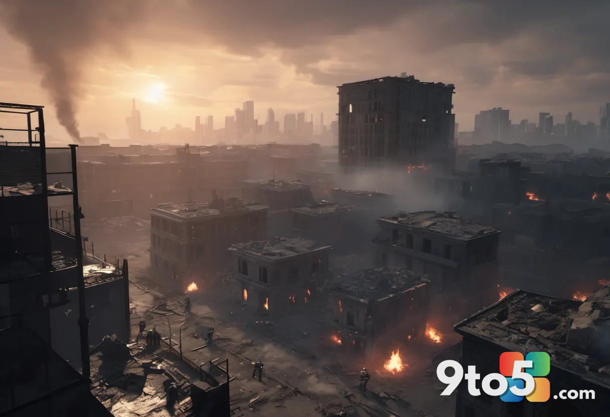 Wide aerial view of a devastated urban battlefield at dusk, burning buildings, thick smoke rising, small figures of sold