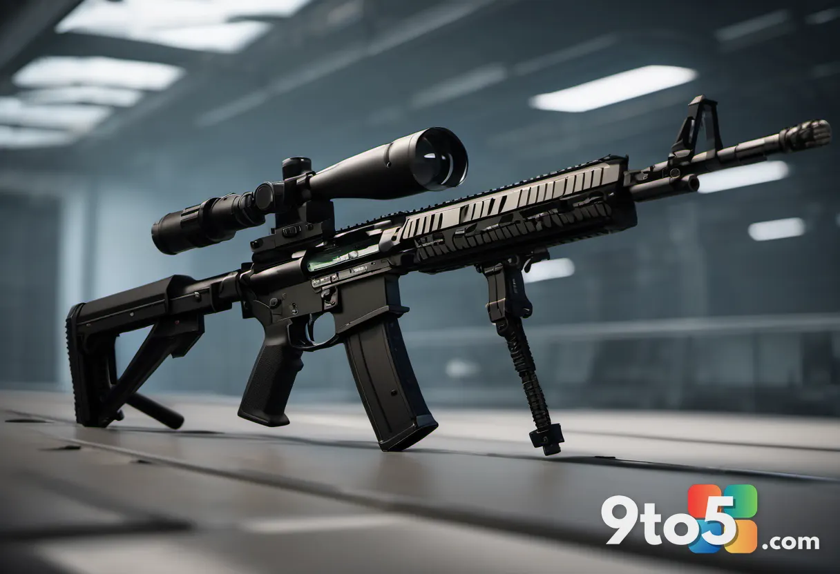 A close-up of a modernized assault rifle with tactical attachments, resting on a metal surface with a blurred battlefiel