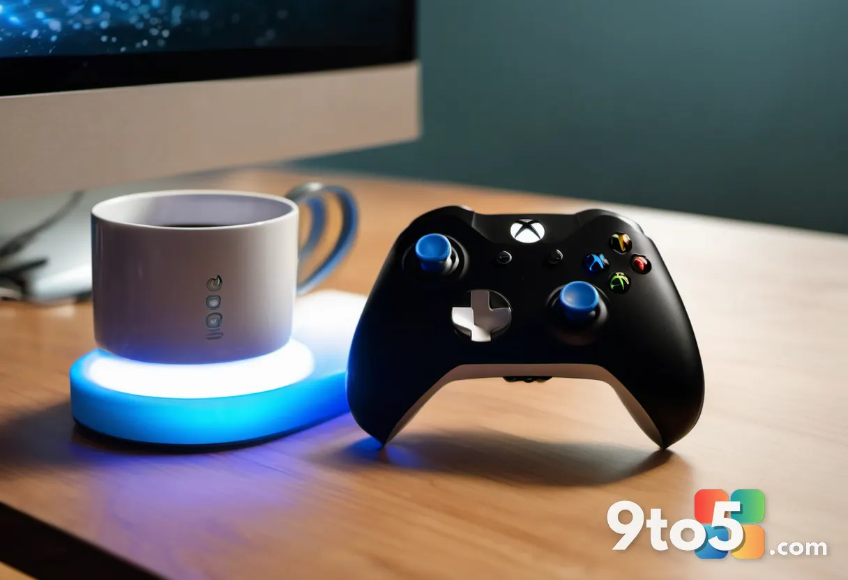 A close-up photograph of an Xbox controller resting on a wooden desk beside a steaming coffee mug, with a soft blue moni
