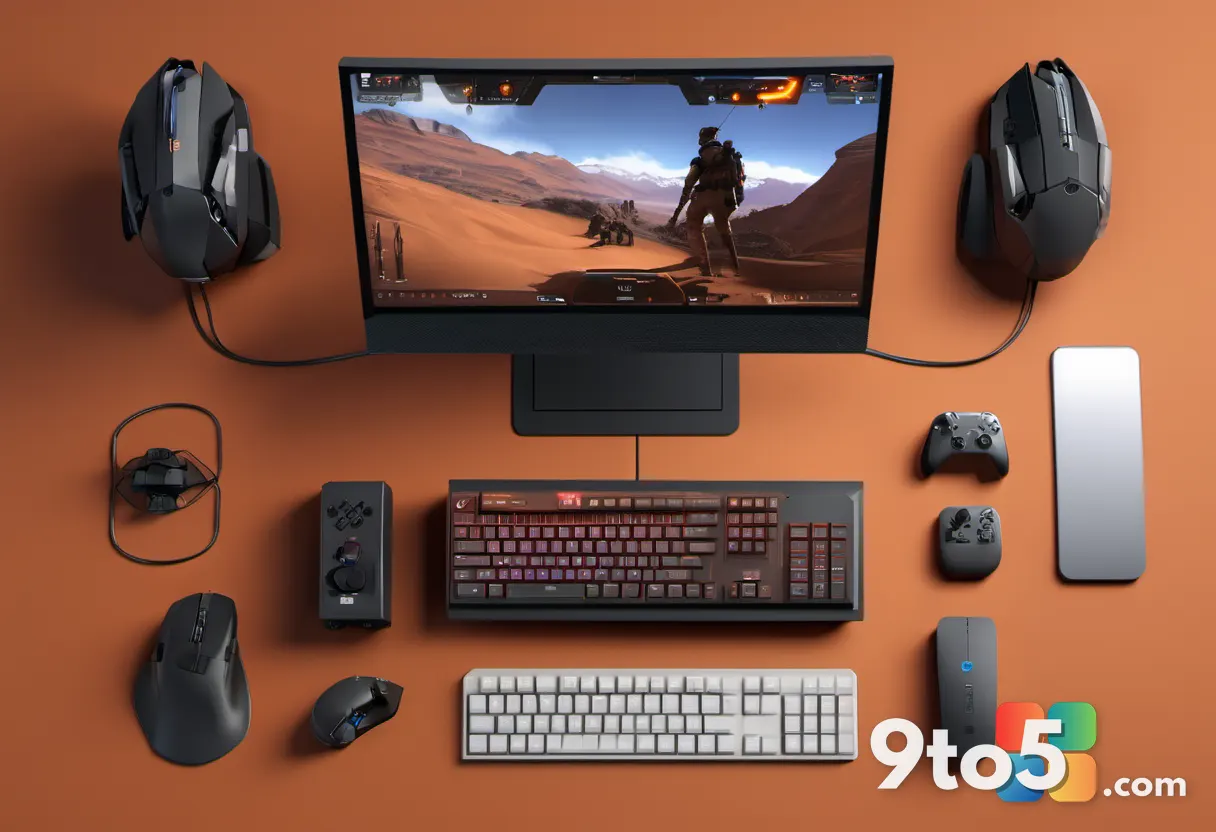 An overhead view of a modern gaming setup with a curved monitor displaying a tactical shooter interface, surrounded by s