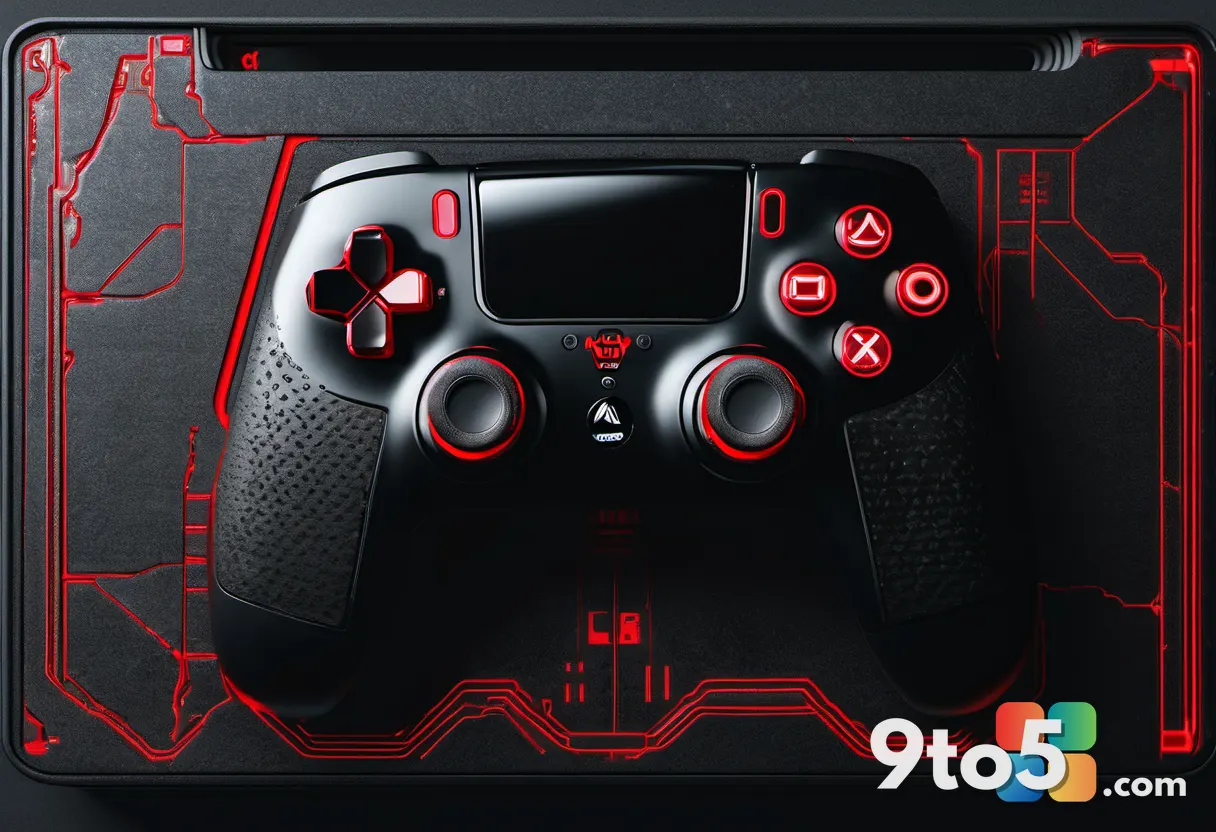 A close-up of a textured black controller faceplate showing laser-etched road cracks and a glowing red logo in the cente