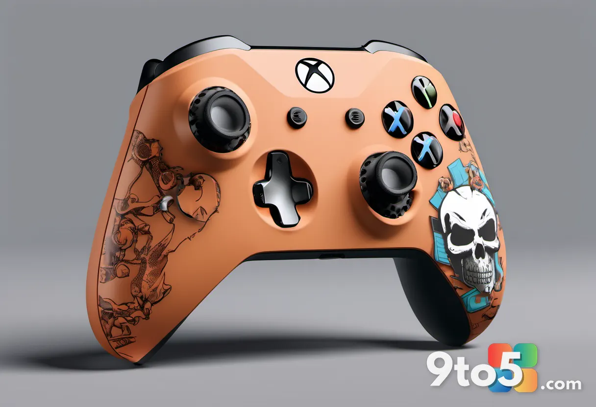 A customizable Xbox Design Lab controller with a skull and chainsaw artwork faceplate, surrounded by interchangeable col
