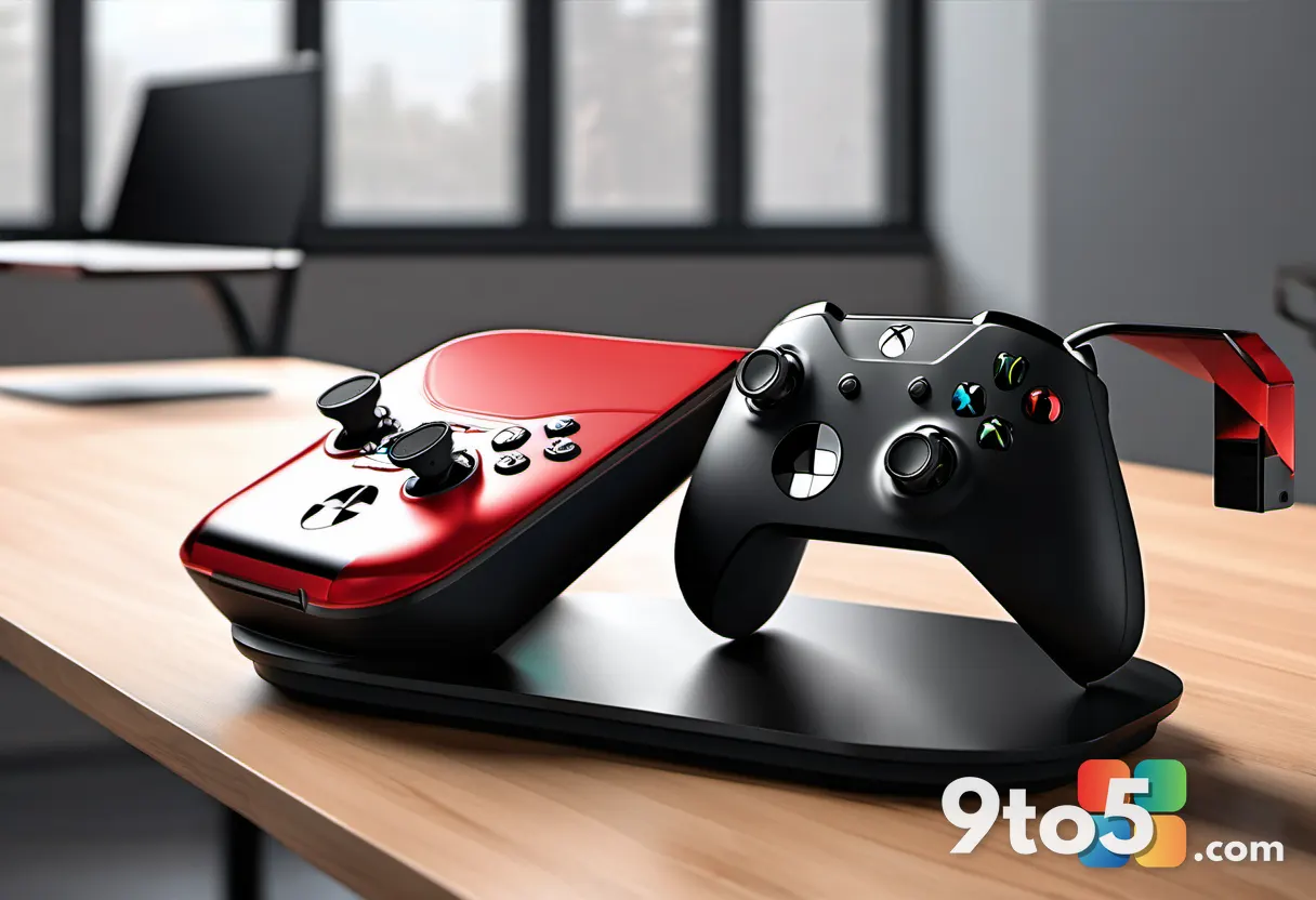 A black and red gaming charging dock with lightning crack patterns, holding an Xbox controller upright on a wooden desk.