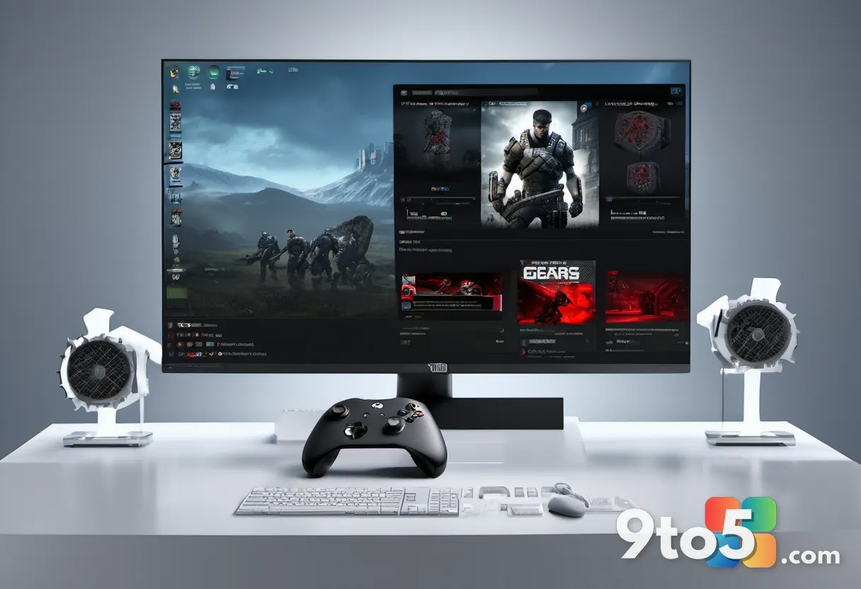 A modern gaming setup showing an Xbox console, a themed controller on a stand, and a monitor displaying the Gears of War